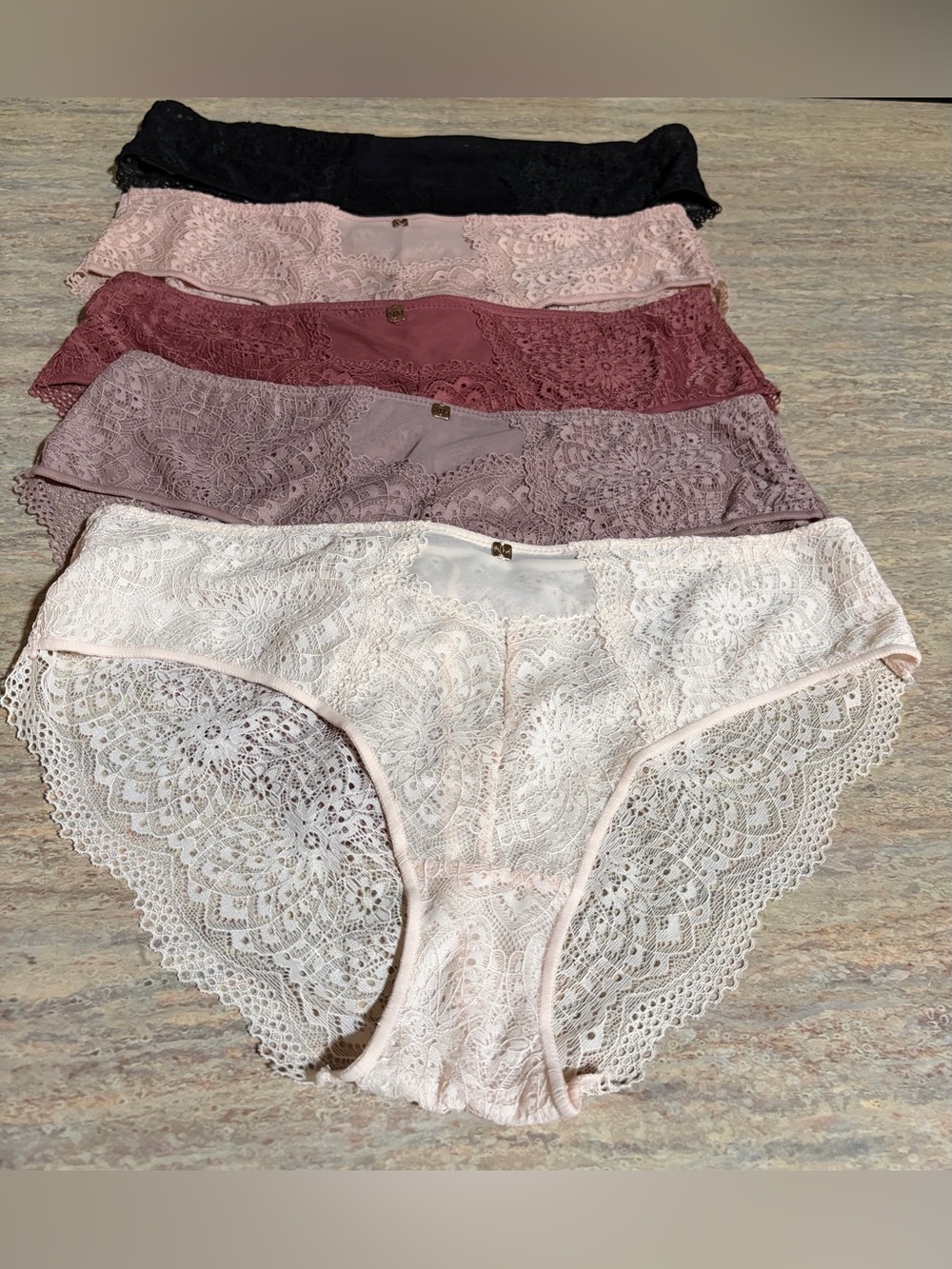 NWOT Nicole Miller 5-Lace Bikini Panties Black, White, Blush, Mauve, Dusty Rose